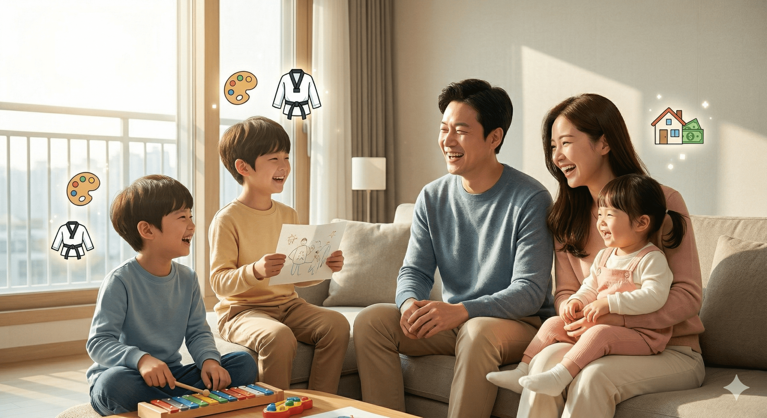 밝고 아늑한 거실에서 부모와 세 자녀가 즐겁게 웃고 있는 한국 다자녀 가구와 교육비 혜택 아이콘