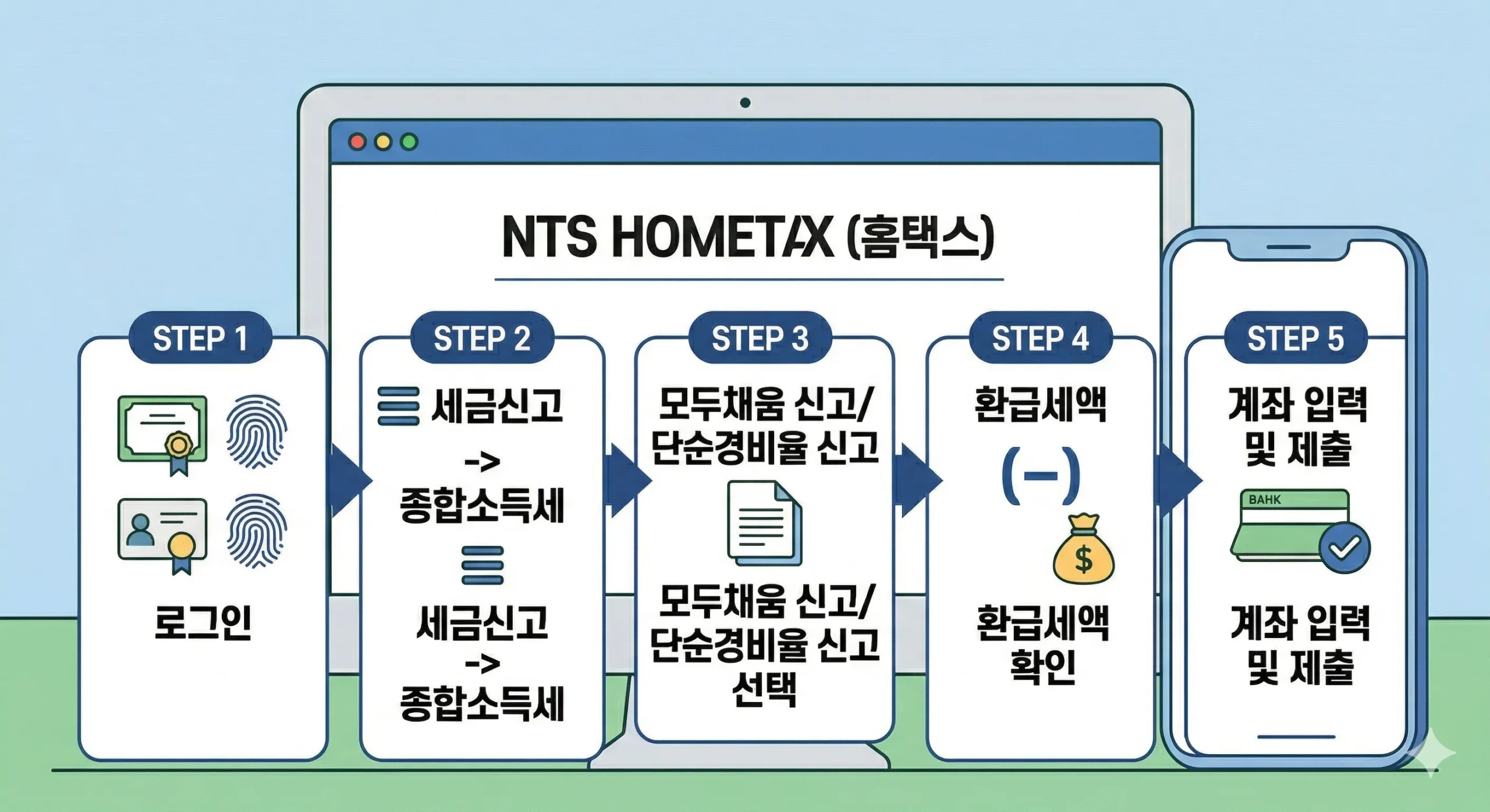 노트북으로 국세청 홈택스에 접속하여 예상 세액을 확인하는 스텝