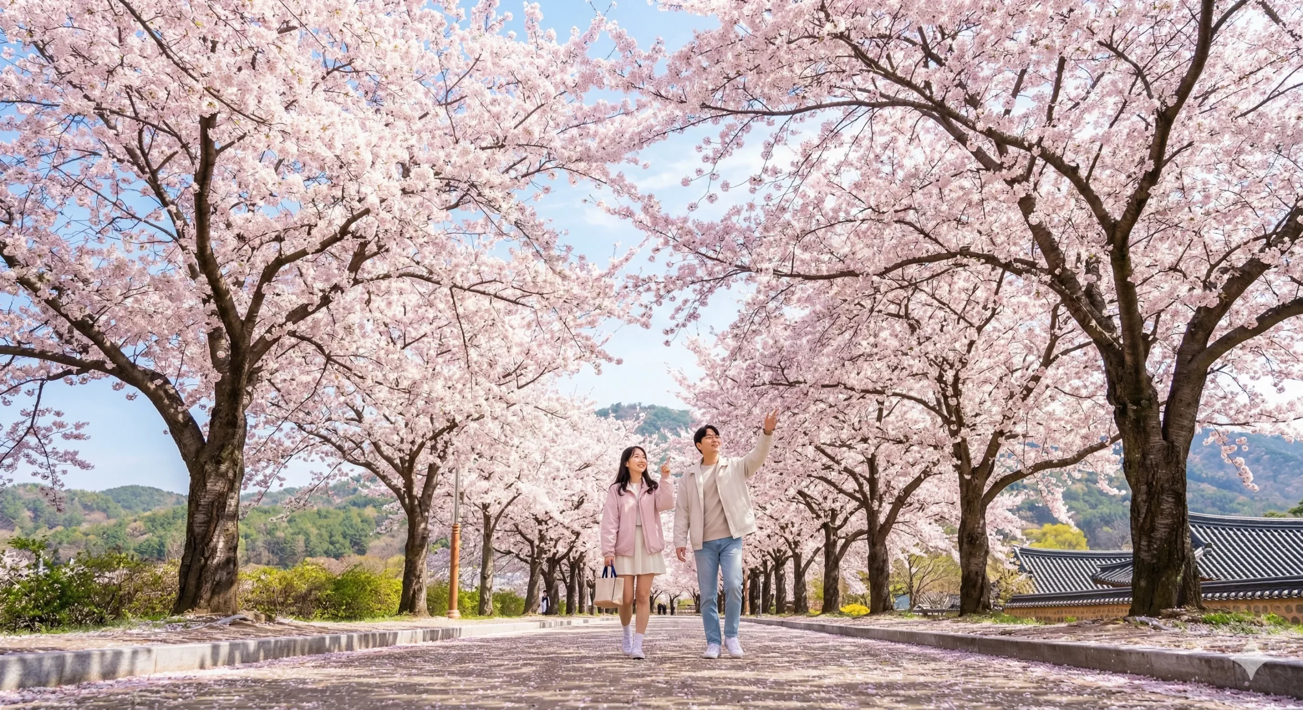 4월 국내 여행지 추천 - 만개한 벚꽃길을 걷고 있는 상쾌한 봄 풍경